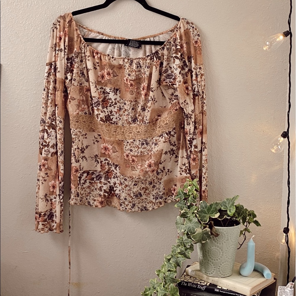Y2k floral Off the shoulder boho long sleeve top